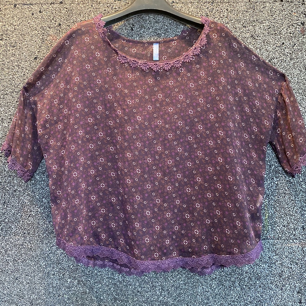 Free People Sheer Top in Plum with Lace Trim M